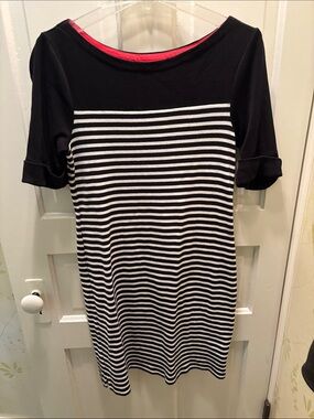 Ralph Lauren Black and White Striped Midi Dress with Pink Neck Trim